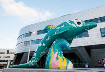 廣場擺放玻璃鋼大型彩繪海豚雕塑