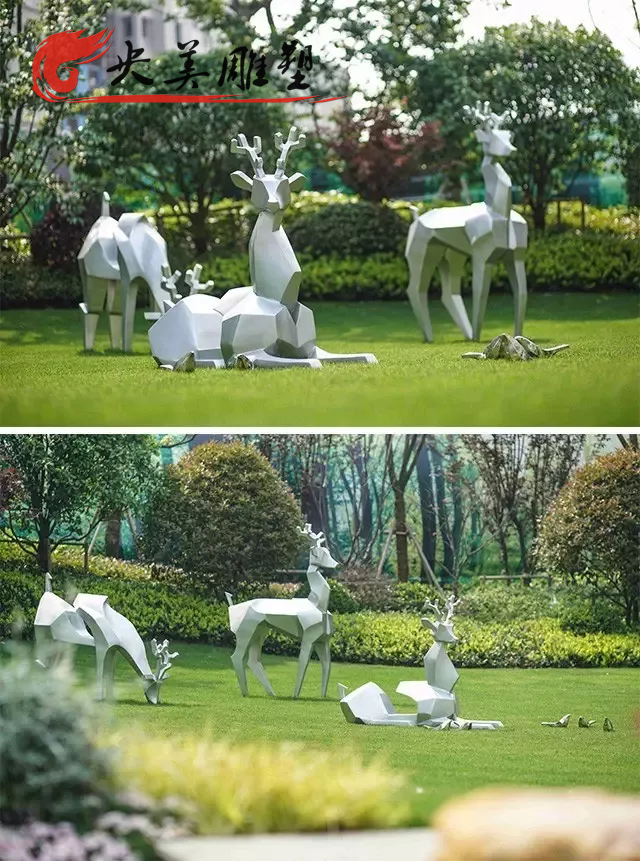 廣場綠地擺放不銹鋼切面幾何鹿雕塑圖片