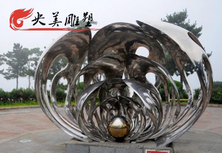 公園擺放不銹鋼抽象貝殼珍珠雕塑圖片
