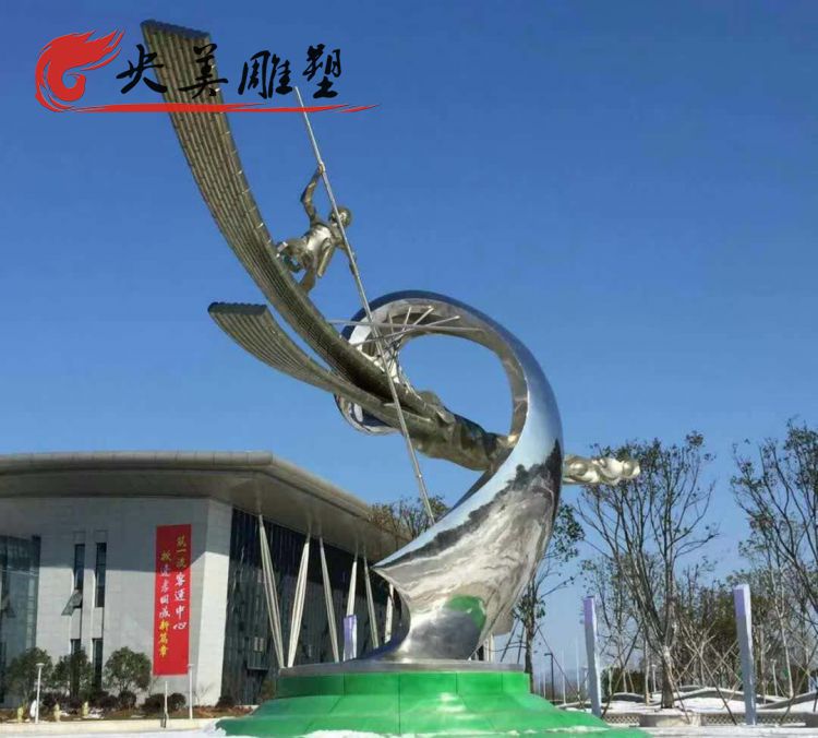 景區(qū)文化廣場擺放不銹鋼劃船人景觀雕塑圖片